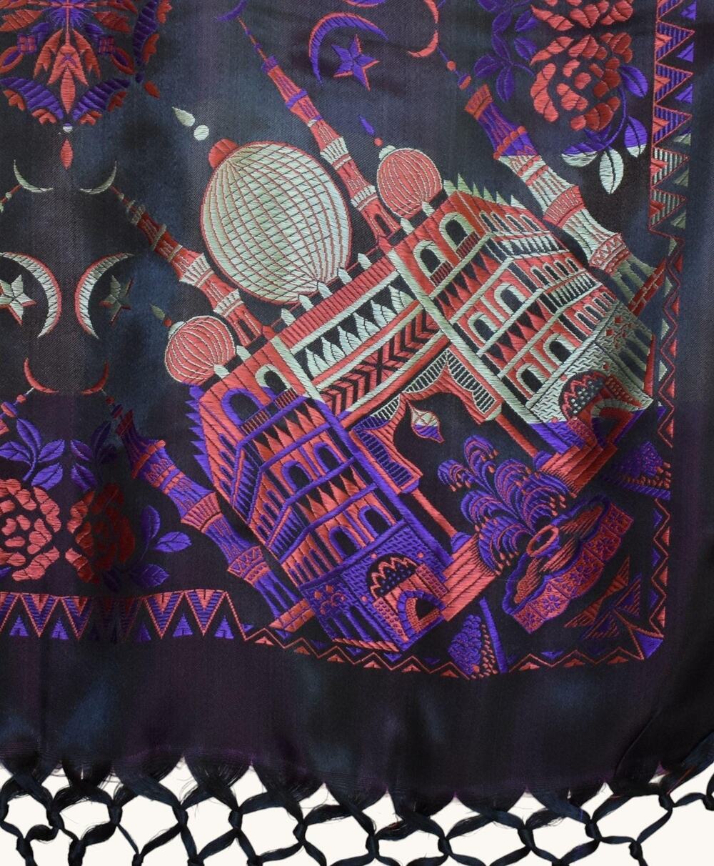 Vintage 40s Black and Purple Silk Taj Mahal Piano Shawl, WW2 Scarf, Fringed